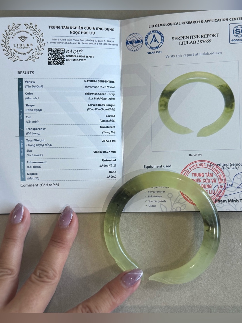 Certified Natural Serpentine Carved Bangle Bracelet - Pale Green